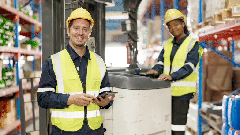 Two warehouse workers reviewing stock and inventory in warehouse, using tablet and checking pallets